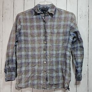 Country Shop Women's Plaid 100% Linen Button Front Shirt Size Small Pockets.